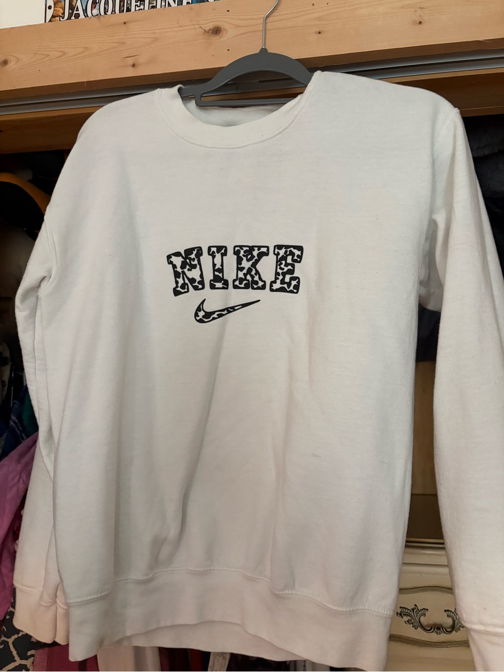 Nike White Crewneck with Black Cow Print Logo